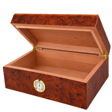 Отворен ANGELO Rootwood Design дървен хюмидор с аналогов хигрометър